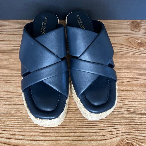 Andre Assous Dark Blue Leather Espadrille Platform Slip On Wedge Sandals 39 EU - Picture 4 of 12